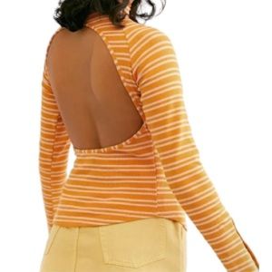 Free People Top XLarge 14 Orange Open Back Stripes Ribbed Mock Neck Stretch NWT
